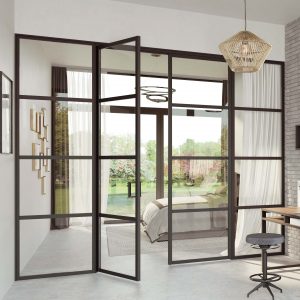 Verrière authentique avec bloc-porte double authentique anthracite sablé, vitre feuilletée claire