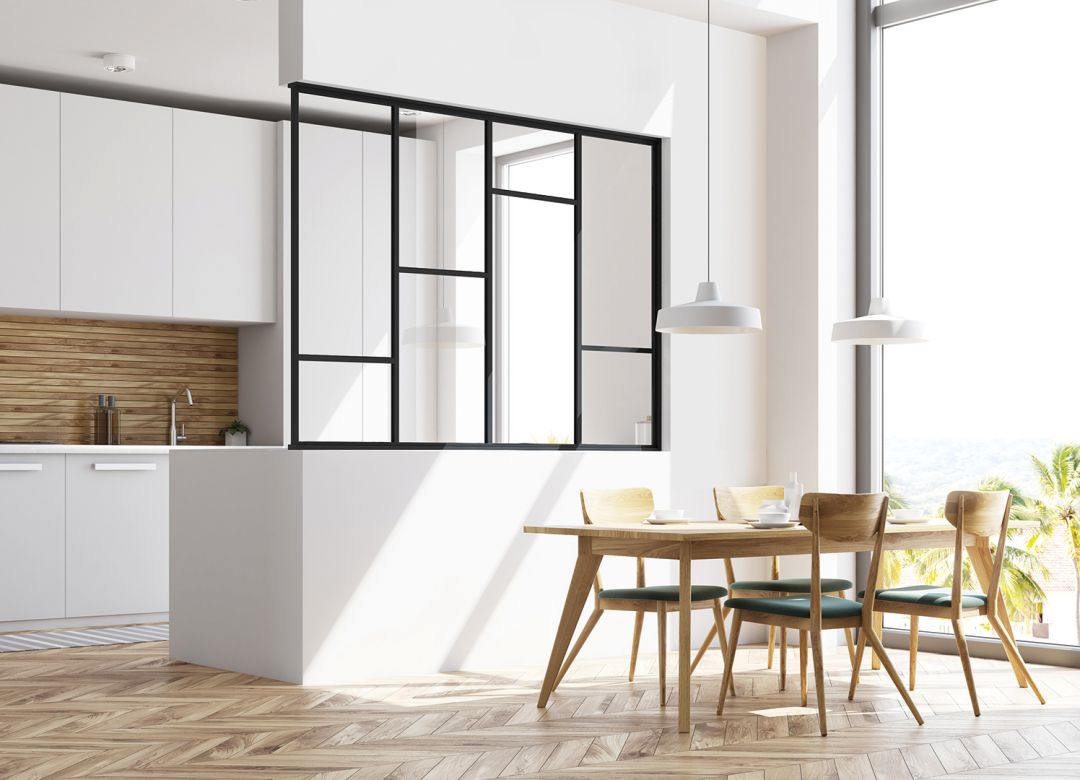Verrière cuisine / salle à manger modèle Spécial, profil S noir mat, vitre feuilletée claire