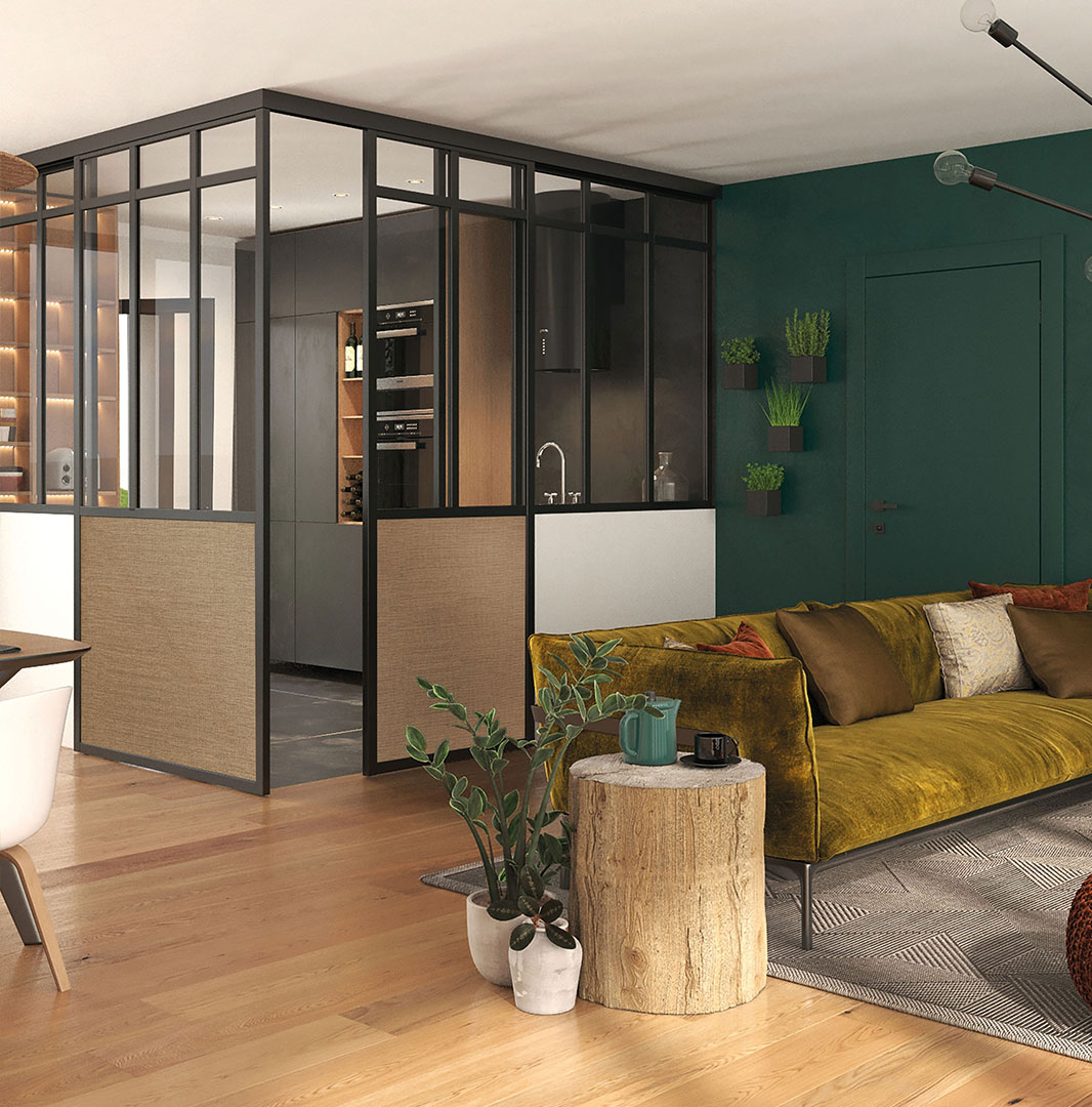 Verrière _ modèle Duo Loft Coulissante, Verrière Fixe L sur muret, profil blanc mat, vert niagara, vitre feuilletée claire