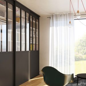 Portes coulissantes Diamant Atelier, 3 partitions, noir mat, vitre feuilletée claire