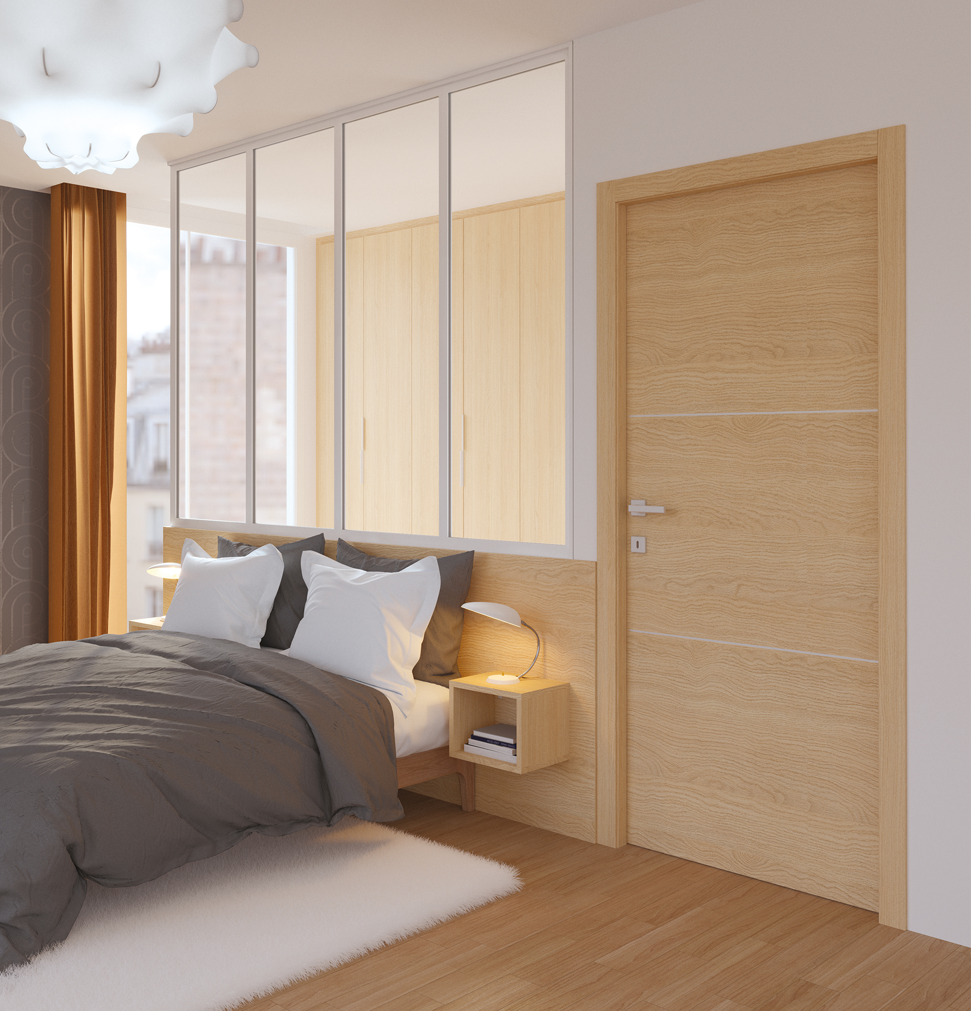 Bloc-porte décor chêne vicenza, dressing coordonné et verrière fixe intégra, profil blanc