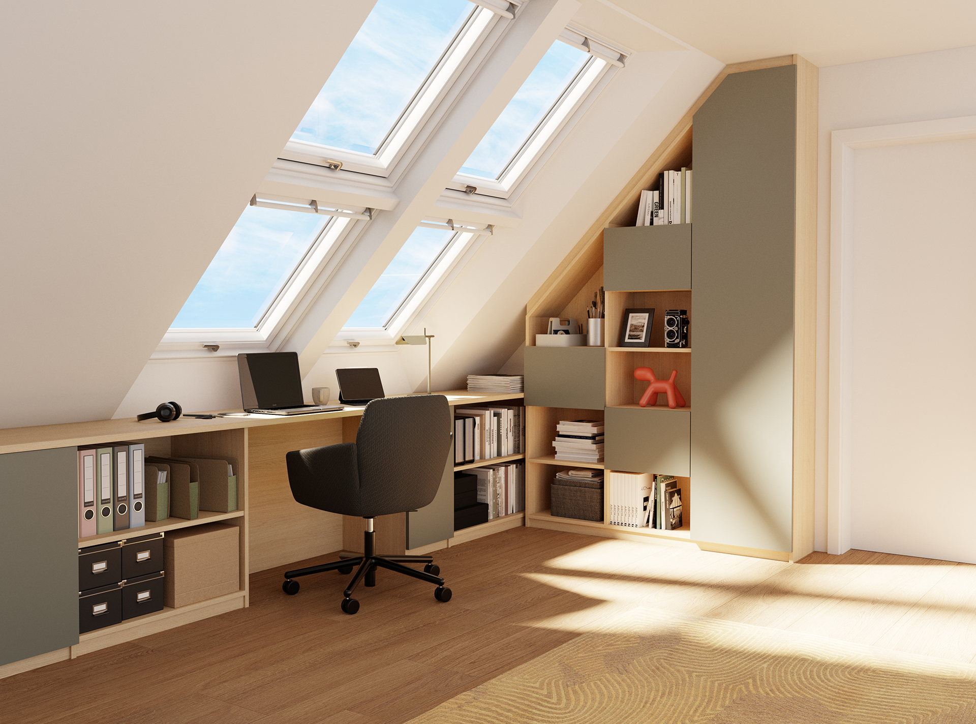 Bureau sur mesure sous pente, décors chêne vicenza et vert jonc