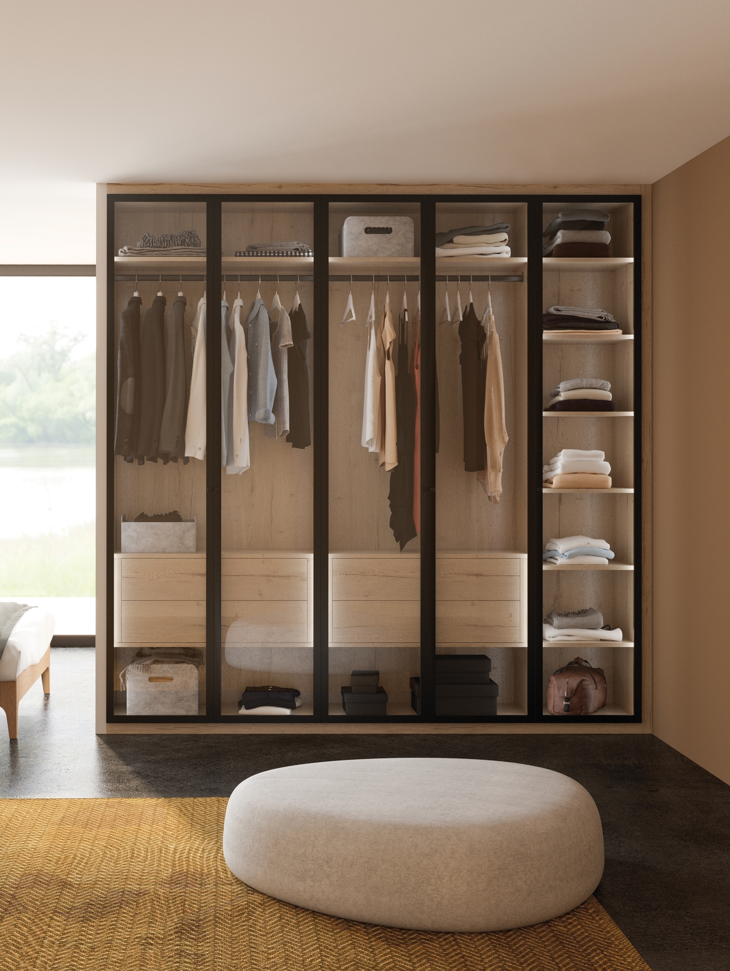 Dressing chêne halifax naturel et portes sur charnières encastrées, cadre noir