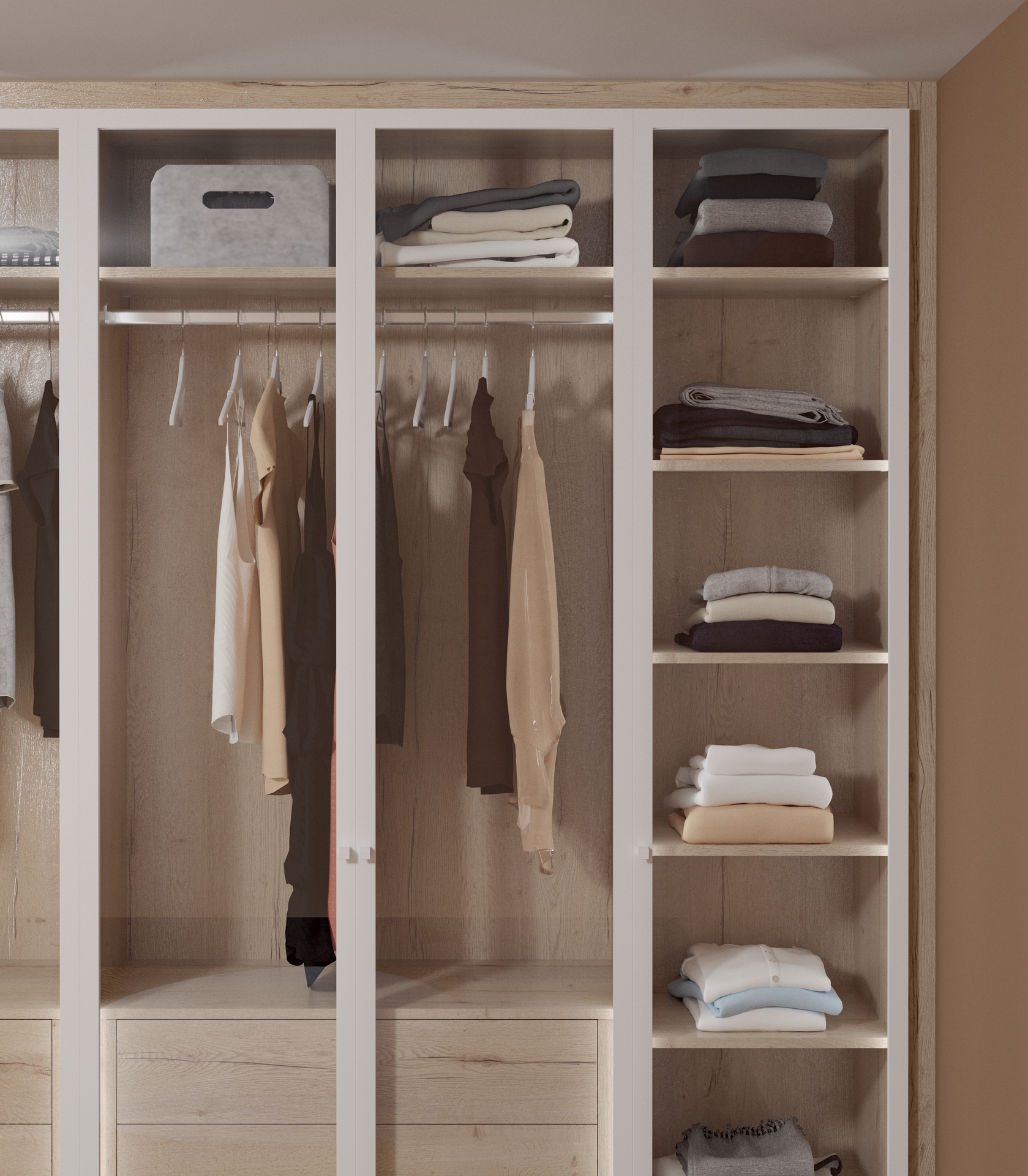 Dressing chêne halifax naturel et portes sur charnières encastrées, cadre blanc