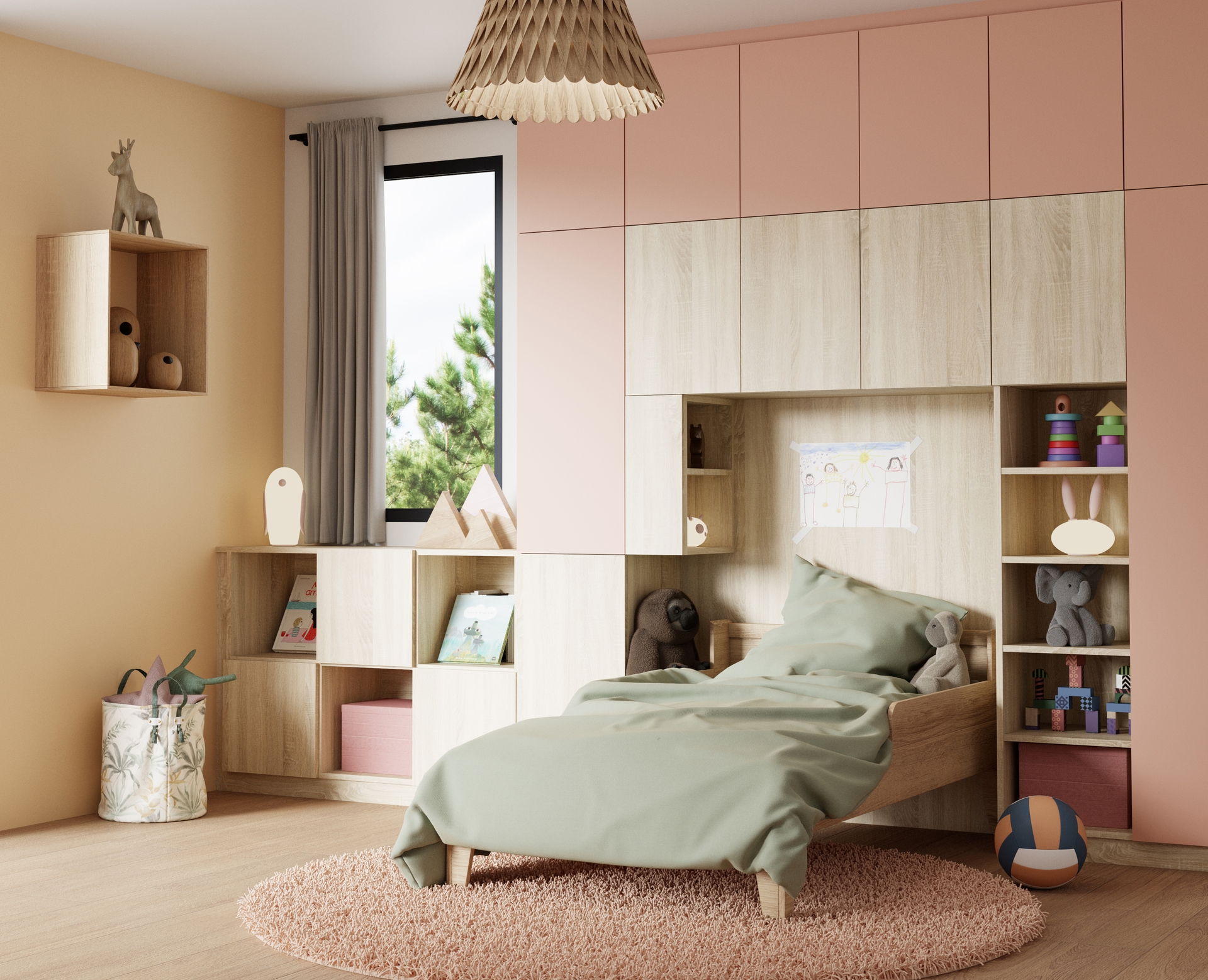 Rangement pont sur mesure, décors abricot et chêne