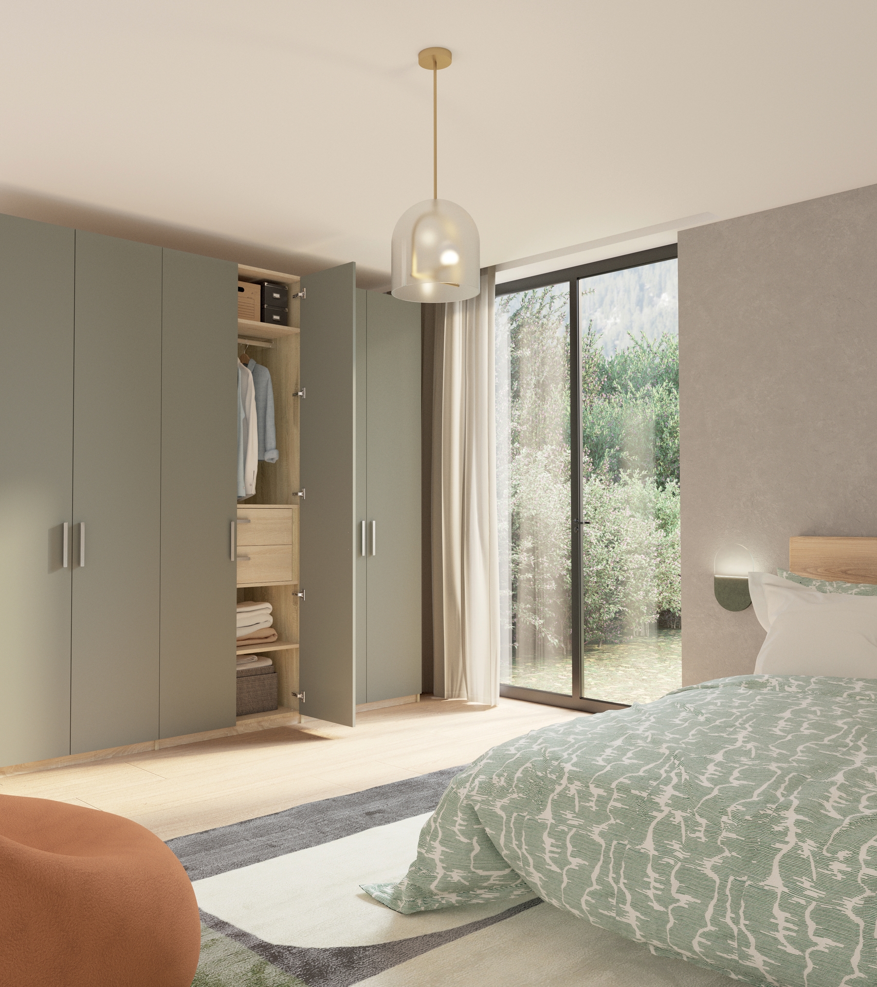 Dressing composable H2452, décor chêne sable, portes battantes vert jonc