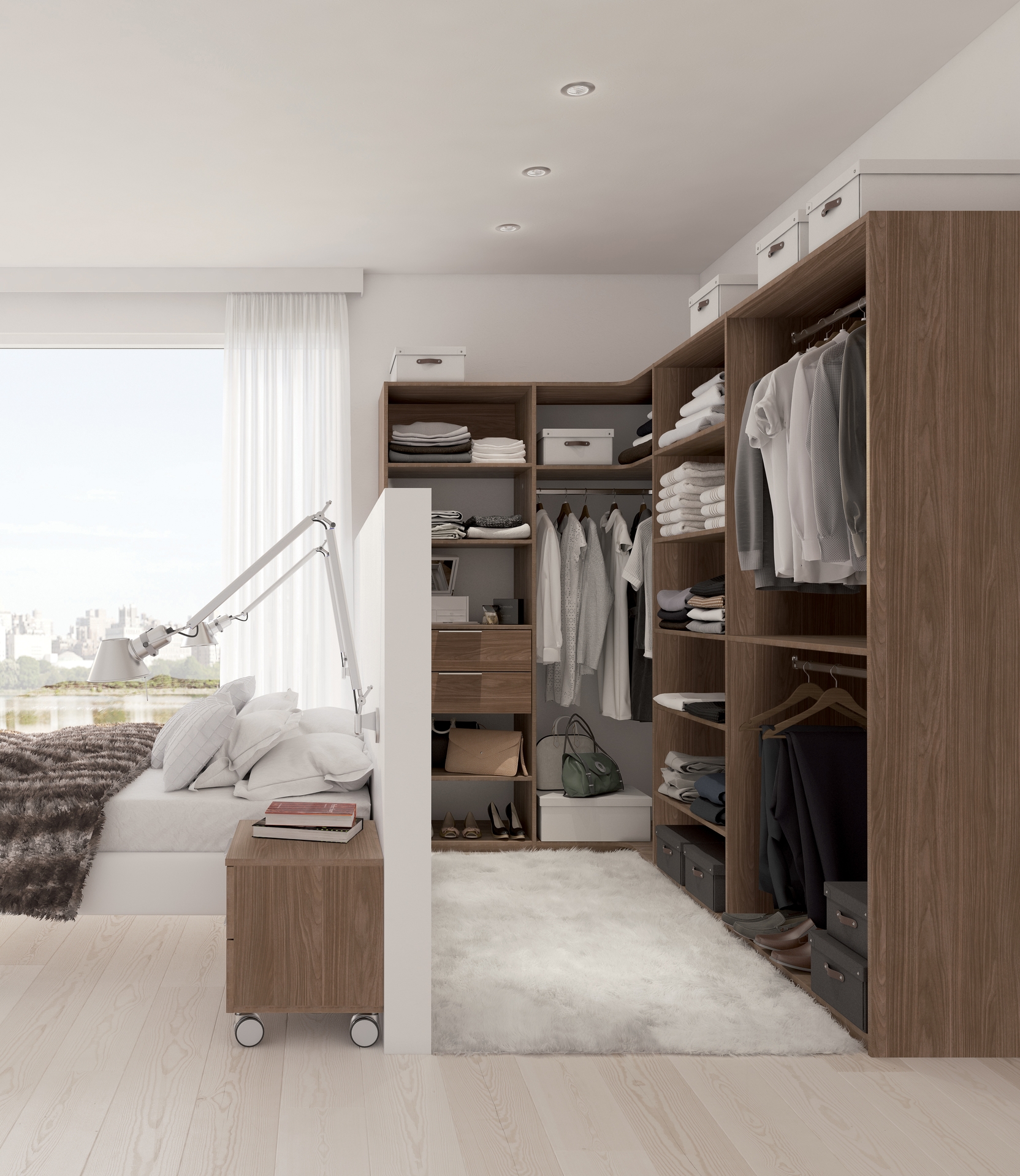 Dressing composable en L, décor noyer lincoln