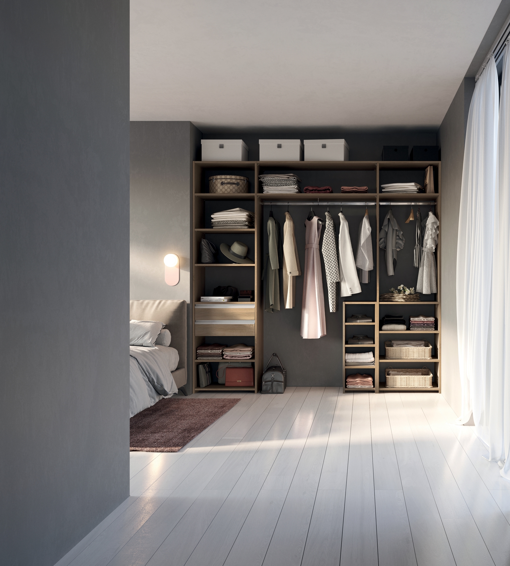 Dressing modulaire 2 caissons H 2324 décor chêne bardolino naturel + 2 tiroirs + 7 tablettes mobiles + 1 caisson H 916 avec 2 tablettes mobiles + tringle