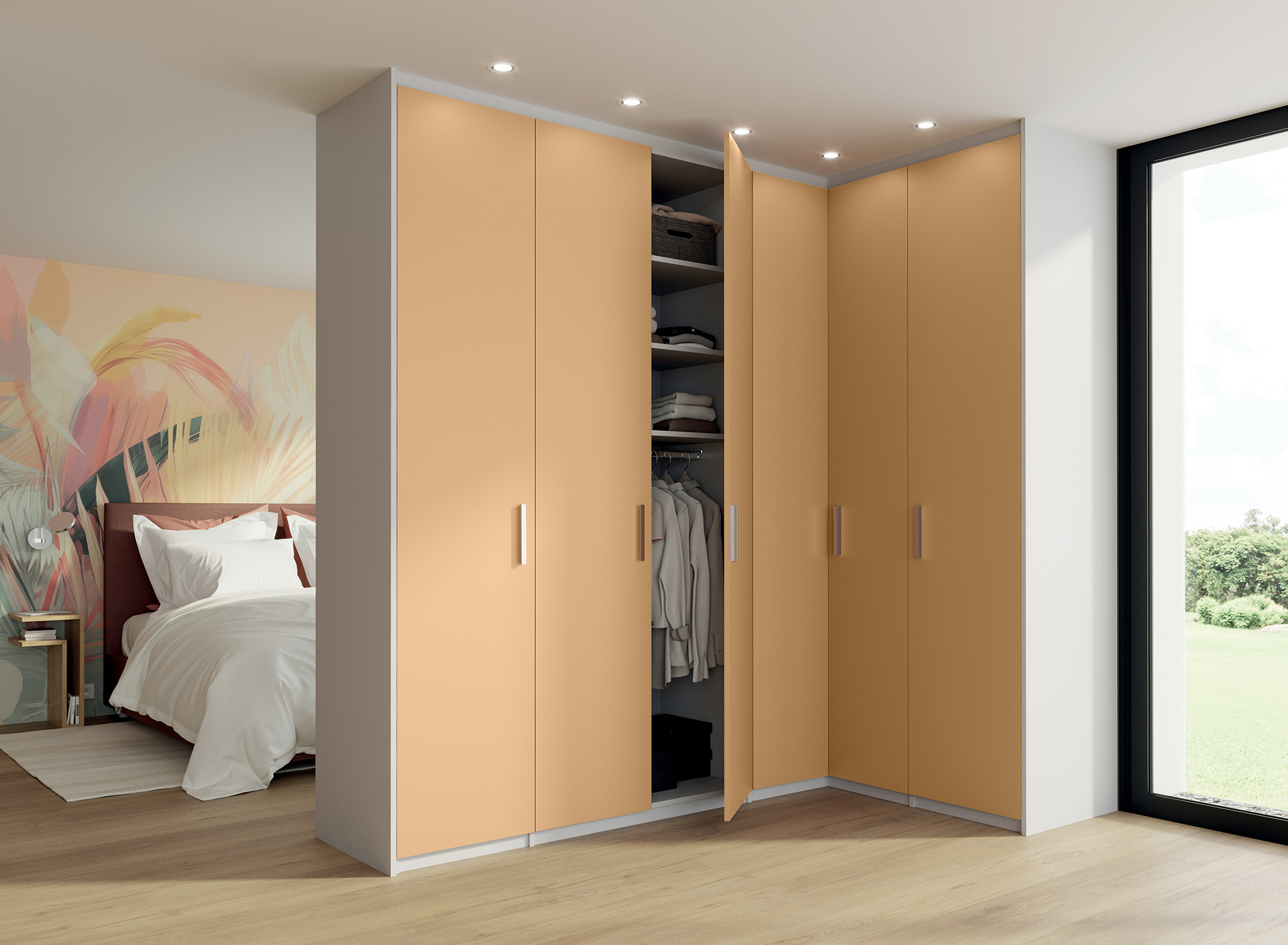 Dressing composable H2452 en L, décor gris souris, portes battantes jaune sable